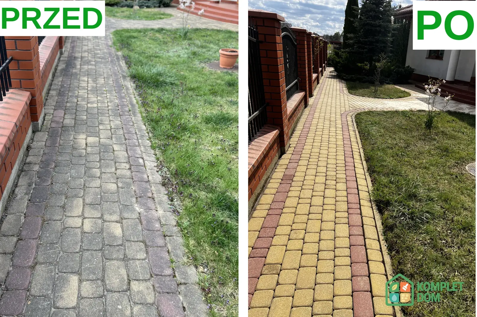 Ścieżka z kostki brukowej przed myciem obok umytej części